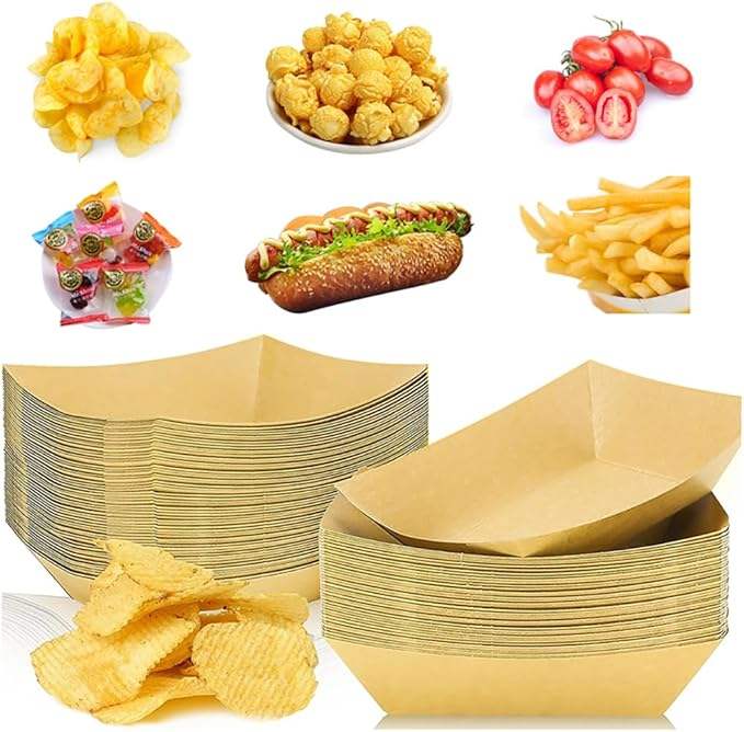 Kraft Paper Food Tray, Disposable Serving Tray for Snack Hot Dog BBQ Popcorn Party Food Trays