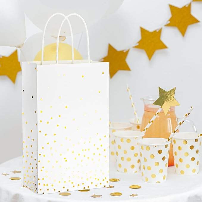White and Gold Gift Bags with Handles and Gold Foil Dots Perfect for Bridal Party Birthday Party Shopping Bag