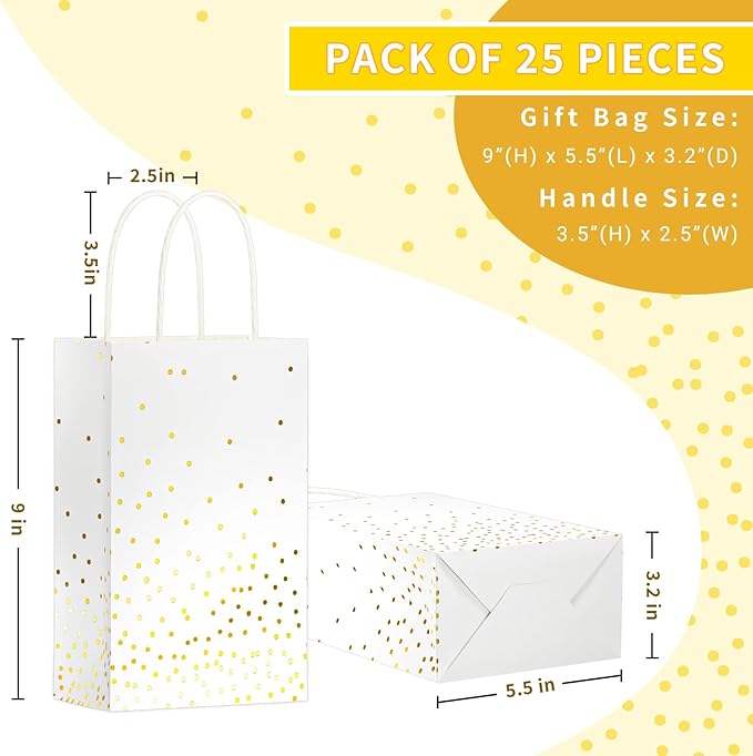 White and Gold Gift Bags with Handles and Gold Foil Dots Perfect for Bridal Party Birthday Party Shopping Bag