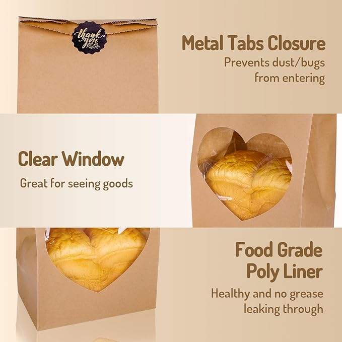 Homemade Bread Storage Bag with Heart Window and 30 Decal Kraft Paper Bread Bags Custom Bread Bags