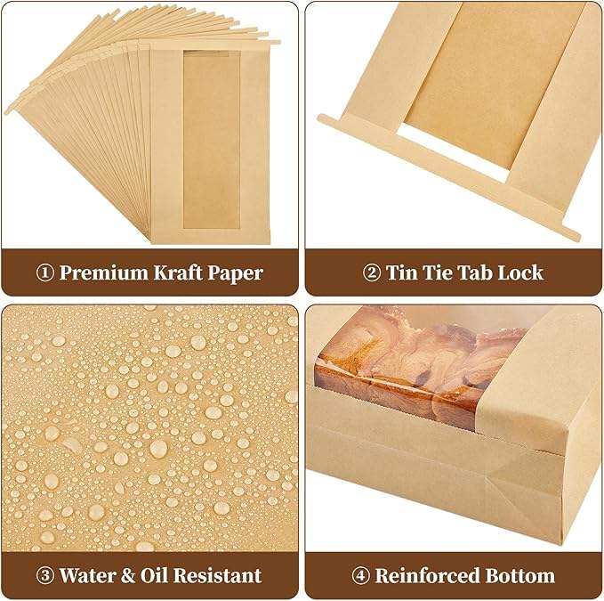 50 Windowed Bread Bags for Sourdough Sandwich Cookies with Tin TAB Lock Custom Bread Bags