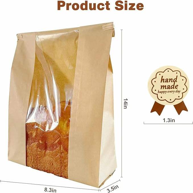 Brown Paper Bread Bag with Window Homemade Bread with Tin Label Lock Affixed with Label Seal Custom Bread Bags