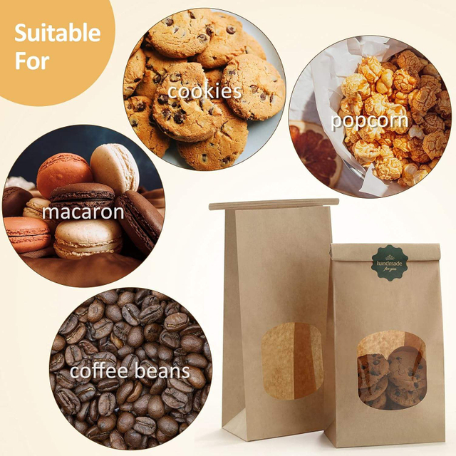 Brown Paper Bag with Window and Plastic Tie-lock Suitable for Bakery Biscuits Coffee Beans Party Gifts Custom Bread Bags