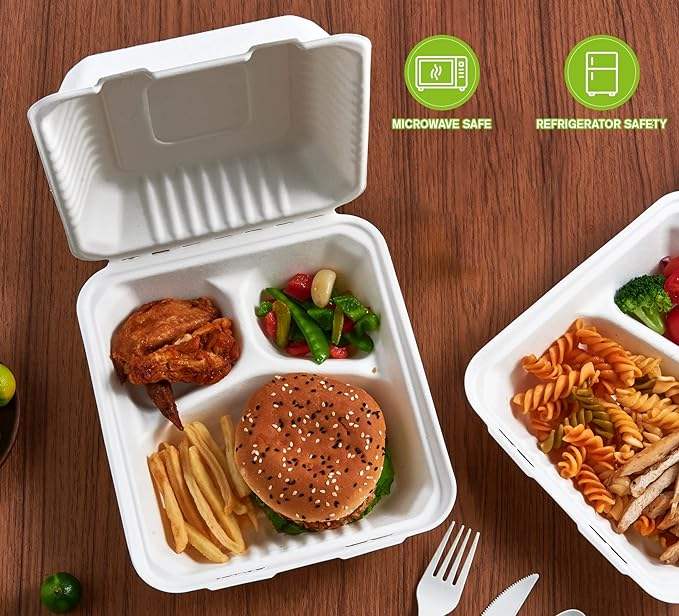 Disposable 3-Compartment Heavy-Duty To-Go Boxes Clamshell Take Out Food Containers Made of Paper & PET Food Box Food Box