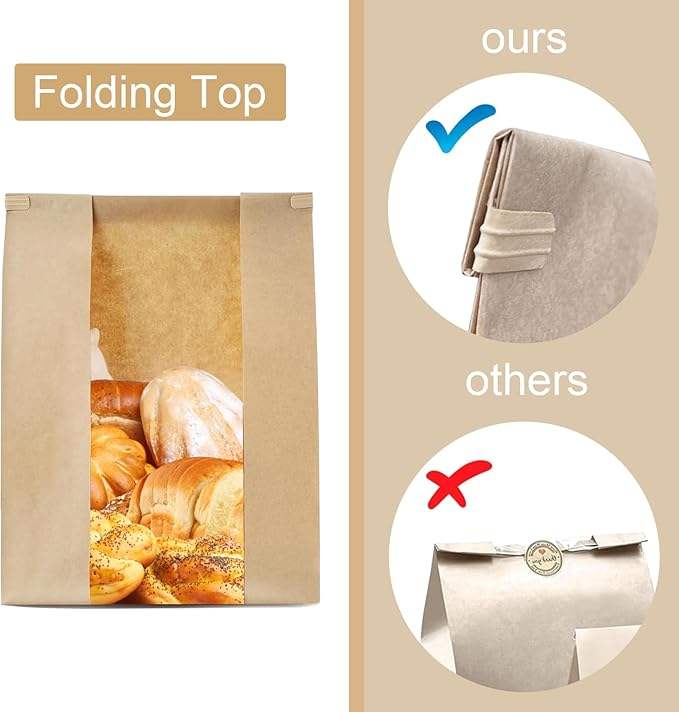 Industrial-Grade Tin Tab Seal Commercial-Grade Window Bags Personalized Kraft Paper for Fresh Baked Goods Custom Bread Bags