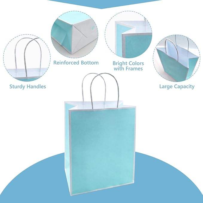 24 Blue Paper Bag with Handle Kraft Paper Wedding, Birthday, Baby Shower Party Gift Bag Commercial Retail 100% Renewable