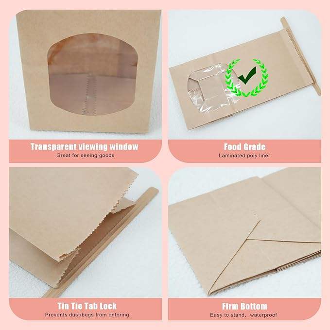 100 Paper Bread Bags With Window Tin Tag Bag 500 Stickers for Sourdough Bread Biscuits Coffee Beans Custom Bread Bags