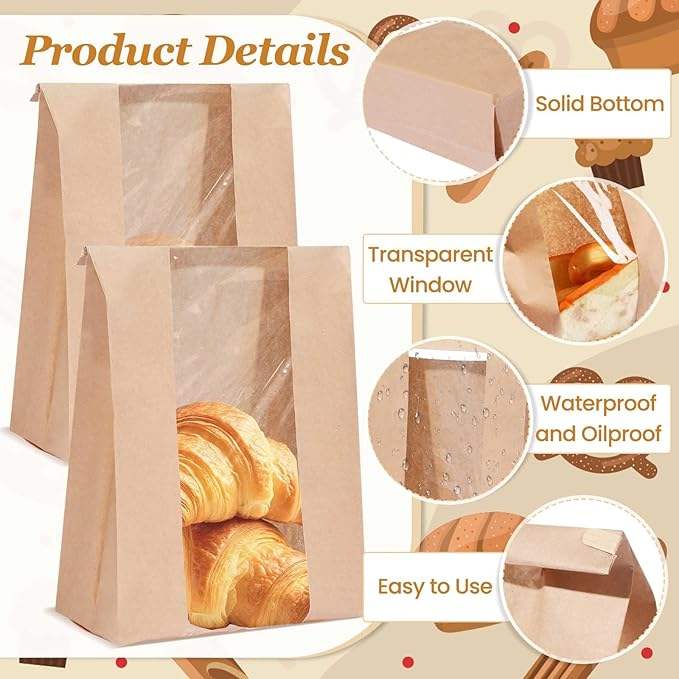 Windowed Kraft Paper Bread Bags With Tin Labels for Bread Sourdough for Baked Goods Custom Bread Bags