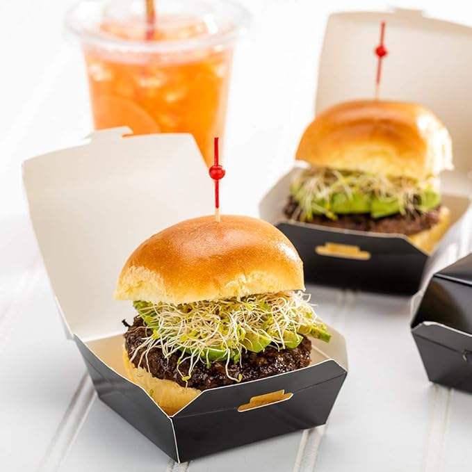 Mini Burger Box Food Container with Hinged Lid Disposable Black Paper Takeout Box for Small Burgers or Desserts
