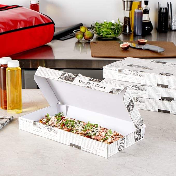 Flatbread Takeaway Box Sturdy Disposable Corrugated Pizza Box - Label Lock System Newsprint and White Paper Custom Pizza Boxs