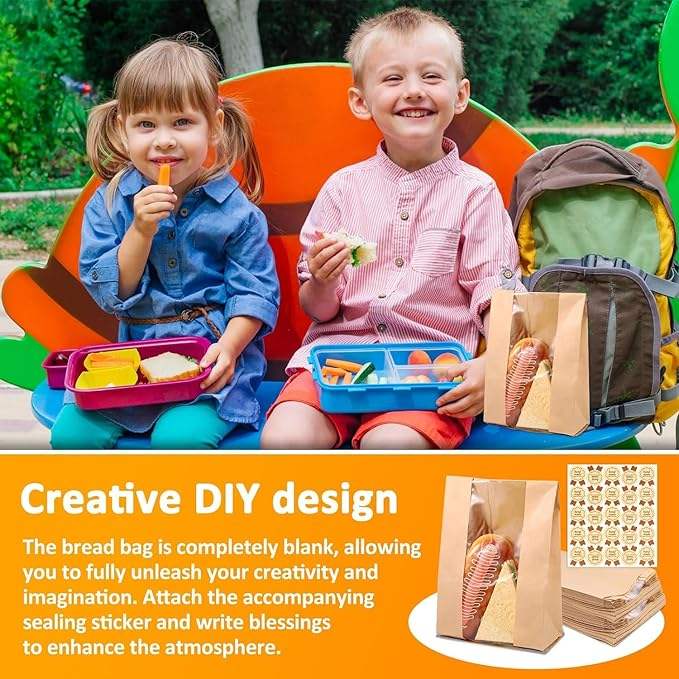 50 Bread Bags with Window for Storing Bread Cookies and Snacks 50 Sealable Stickers Custom Bread Bags