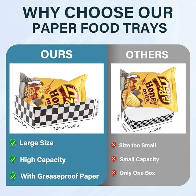 4-pound Racing Party Large Paper Food Trays, Disposable Black and White Checked Paper 4-corner Pop-up Trays
