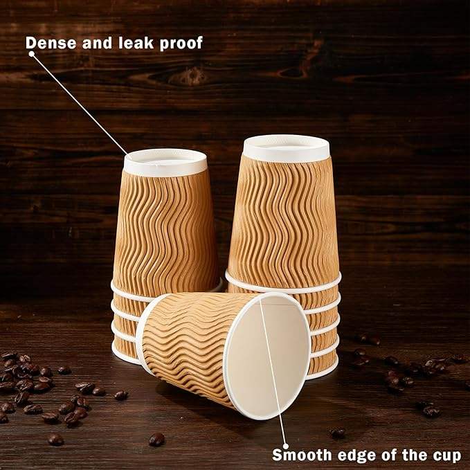 120 Pack 12 oz Disposable Corrugated Insulated Corrugated Wallpaper Coffee Mug, Hot and Cold Drink Mug Office (Champagne Color)