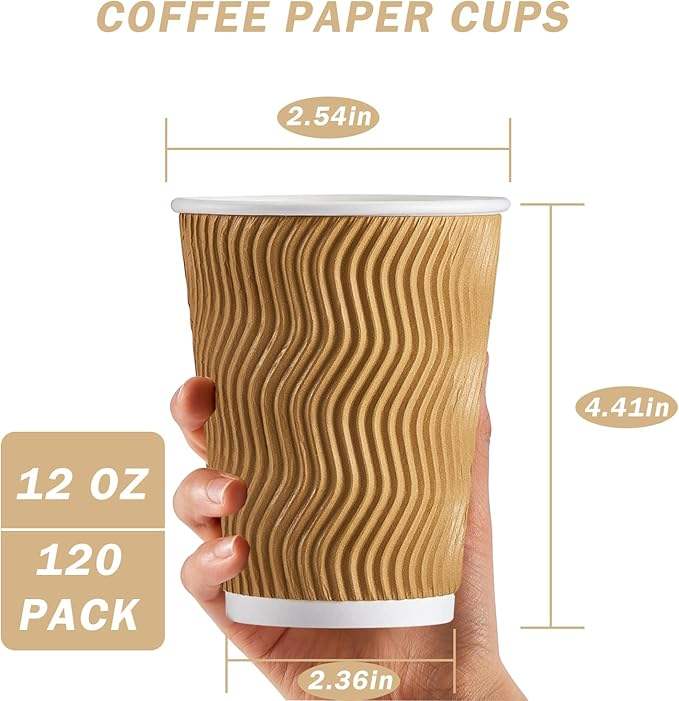 120 Pack 12 oz Disposable Corrugated Insulated Corrugated Wallpaper Coffee Mug, Hot and Cold Drink Mug Office (Champagne Color)