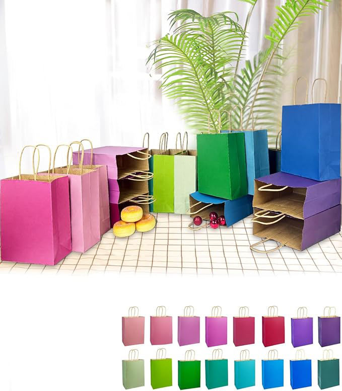 Bulk Medium Kraft Paper Bags with Handles 16 Different Senior Light Colors for Gift Promotion Craft Use Shopping Bag