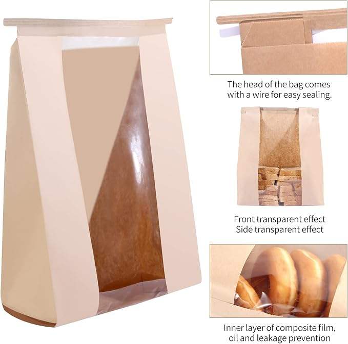Kraft Paper Toast & Coffee Therapy Bag with Tin TAB Lock and Window Brown Cookie Bag-Food Safe Packaging Custom Bread Bags