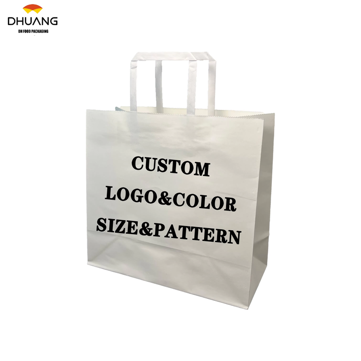 Wholesale Kraft Paper Bags with Flat Rope Custom logo Recycled Paper Bags to Take Away Flat Hand Food Retail Shopping Bags