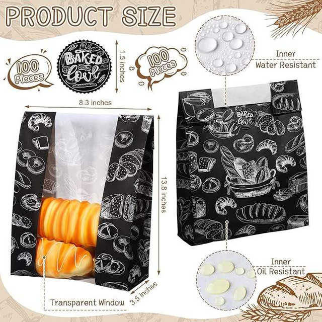 Black Sourdough Bread Bag with Window and Label Seal Sticker for Food Storage and Display Packaged Paper Bags CUSTOM Bread Bags