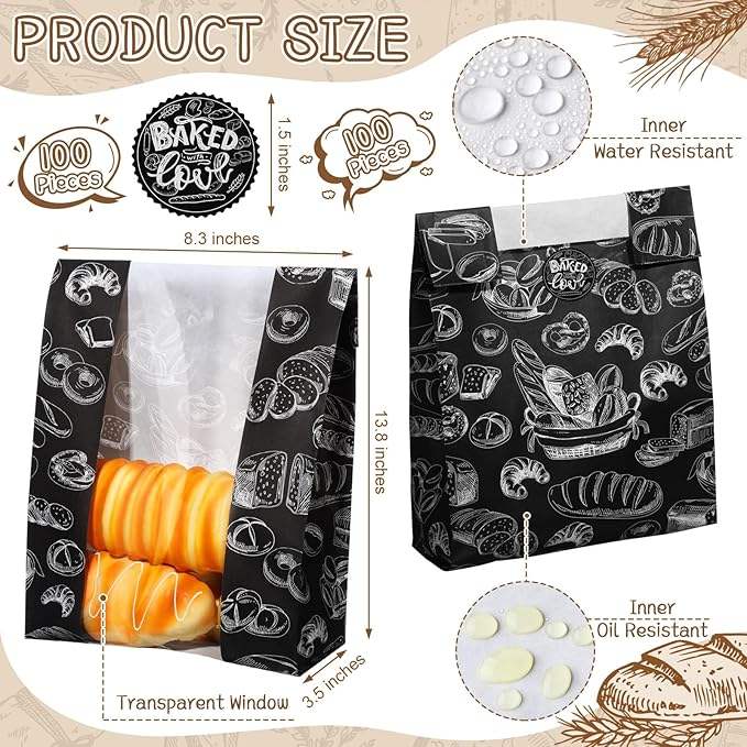 Black Sourdough Bread Bag with Window and Label Seal Sticker for Food Storage and Display Packaged Paper Bags CUSTOM Bread Bags
