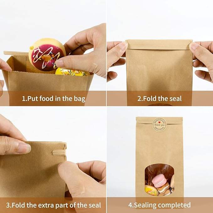Kraft Paper Bag Window Tin Label Lock Bag for Cookie Bread Sandwich Custom Bread Bags