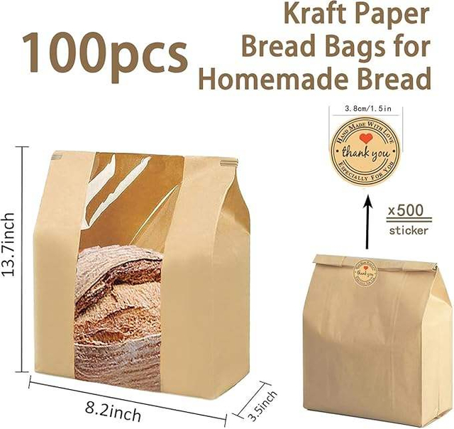 Homemade Kraft Paper Bread Bags with Windows 500 Sealing Stickers Customizable Logo for Gifts or Crafts Custom Bread Bags
