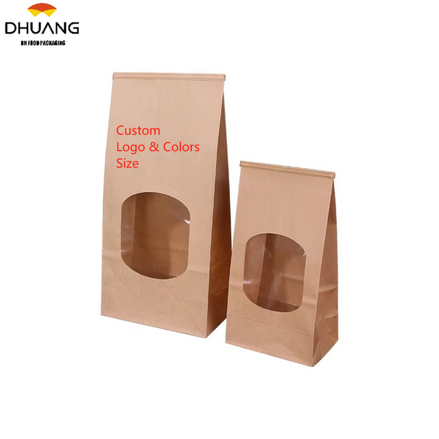 Customized Various Size Wire sealed Kraft Paper Bread Bag Brown White Toast Bag with clear Window Custom Bread Bags