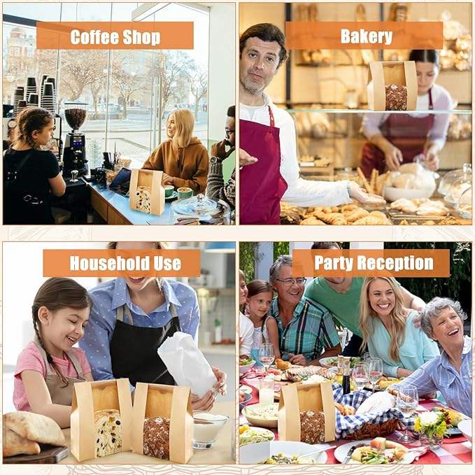 120Pcs Large Window Kraft Paper Bread Bag Food Storage Bag Cookies Bakery Snacks 480 Label Seal Stickers Custom Bread Bags