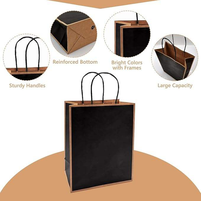 24 Packs Black Paper Bag with Handle Kraft Paper Wedding, Birthday, Baby Shower Party Gift Bag Retail 100% Recycled Paper