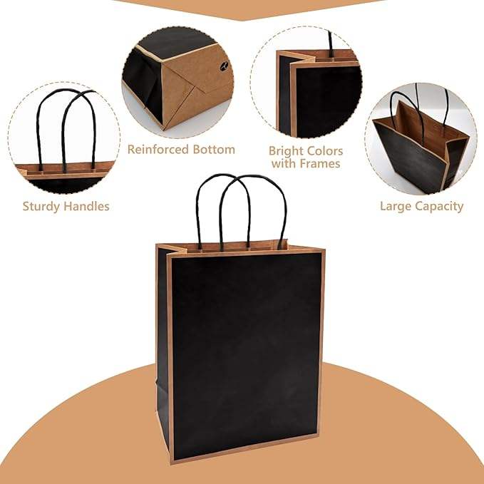 24 Packs Black Paper Bag with Handle Kraft Paper Wedding, Birthday, Baby Shower Party Gift Bag Retail 100% Recycled Paper