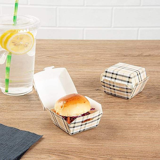 Disposable Plaid Paper Hamburger Box with Hinged Lid Kraft Cardboard Takeout Container for Mini Burgers or Desserts Food Box