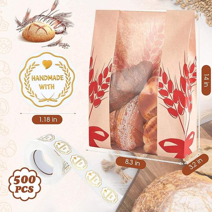 Kraft Paper Bread Loaf Bag Clear Window Home Bakery Food Storage Stickers for Sour Dough Cookies Custom Bread Bags