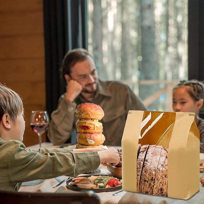 Window Kraft Paper Bread Bag with Tin Za Label Lock for Baking Coffee Beans Cookies-Packaged with Seal Sticker Custom Bread Bags