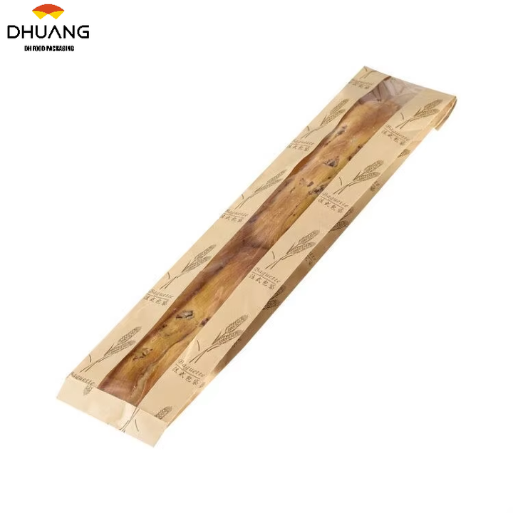 In Stock Long Baguette Kraft Paper Window Food Packaging Film Anti-Oil Caterpillar Bag Custom Bread Bags