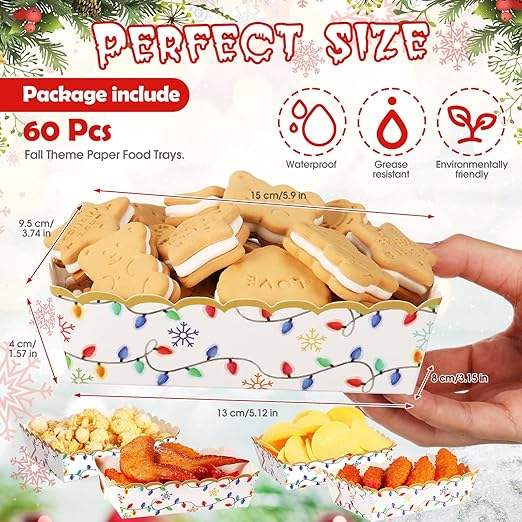 Food Trays Plaid Lights Nutcracker Disposable Christmas Paper Boat Nachos Hot Dog Party Supplies (Bright, Holiday Lights)