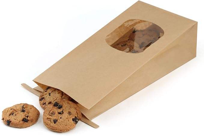Kraft Paper Bag Clear Window Tin Label Lock for Storing Cookies Rustic Brown Sturdy Moisture-Air Protected Custom Bread Bags