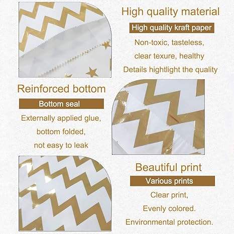 Custom Printed Paper Bags Bright Gold Color for Candy Buffet Cookies and Pastries Oil-proof Paper Bag