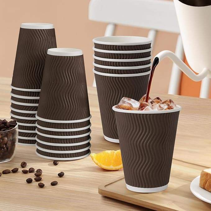 12 oz Disposable Coffee Cup, 100 Count Insulated Paper Cup, Corrugated Wall Design, Hot and Cold Drink Cup, Party, Travel