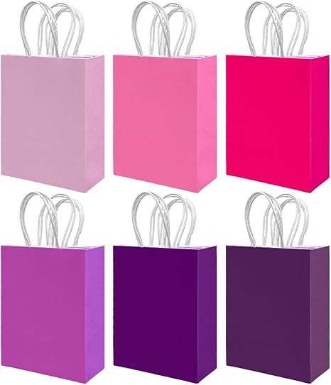 Bulk Small Kraft Paper Gift Bags with Handles 6 Different Pink and Purple Colors for Crafts and Clothing Multiple Uses