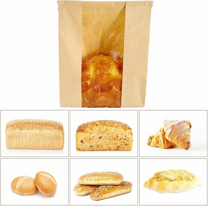 Brown Paper Bread Bag with Window Homemade Bread with Tin Label Lock Affixed with Label Seal Custom Bread Bags