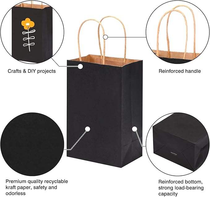 60 Black Paper Bags Gift Bags to Handle Bulk Shopping Birthdays Weddings Business Parties
