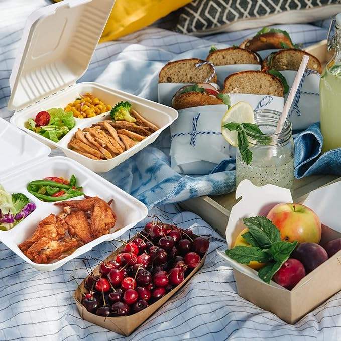 Disposable 3-Compartment Heavy-Duty To-Go Boxes Clamshell Take Out Food Containers Made of Paper & PET Food Box Food Box