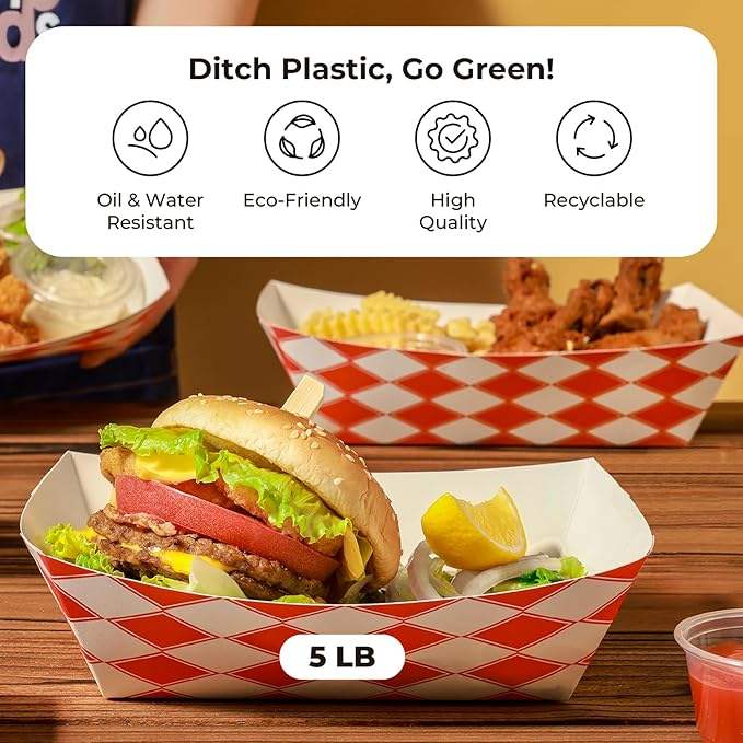 5 Pound Paper Food Tray Disposable Red Check Oil Resistant Party Picnic Carnival, Corn Chips.