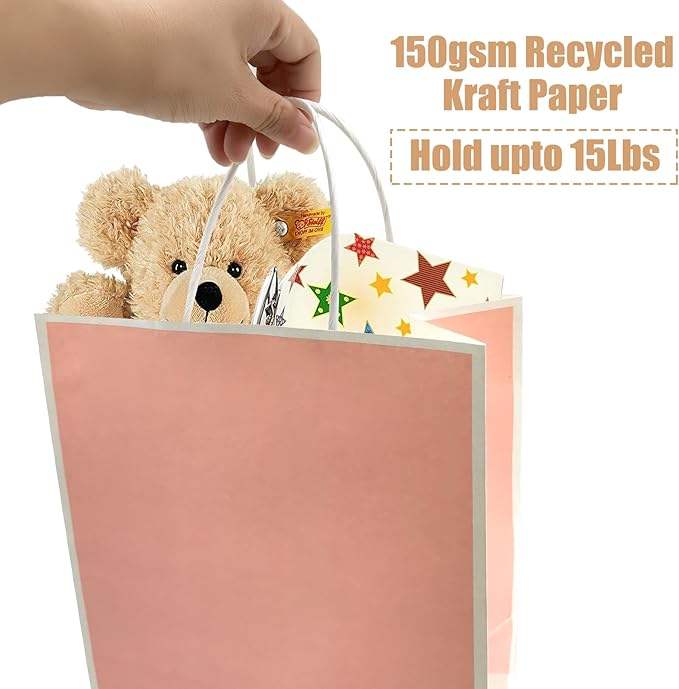 Pink Kraft Paper Bags with Handles 100% Recycled for Weddings Birthdays Parties-Commercial Retail Shopping Bag