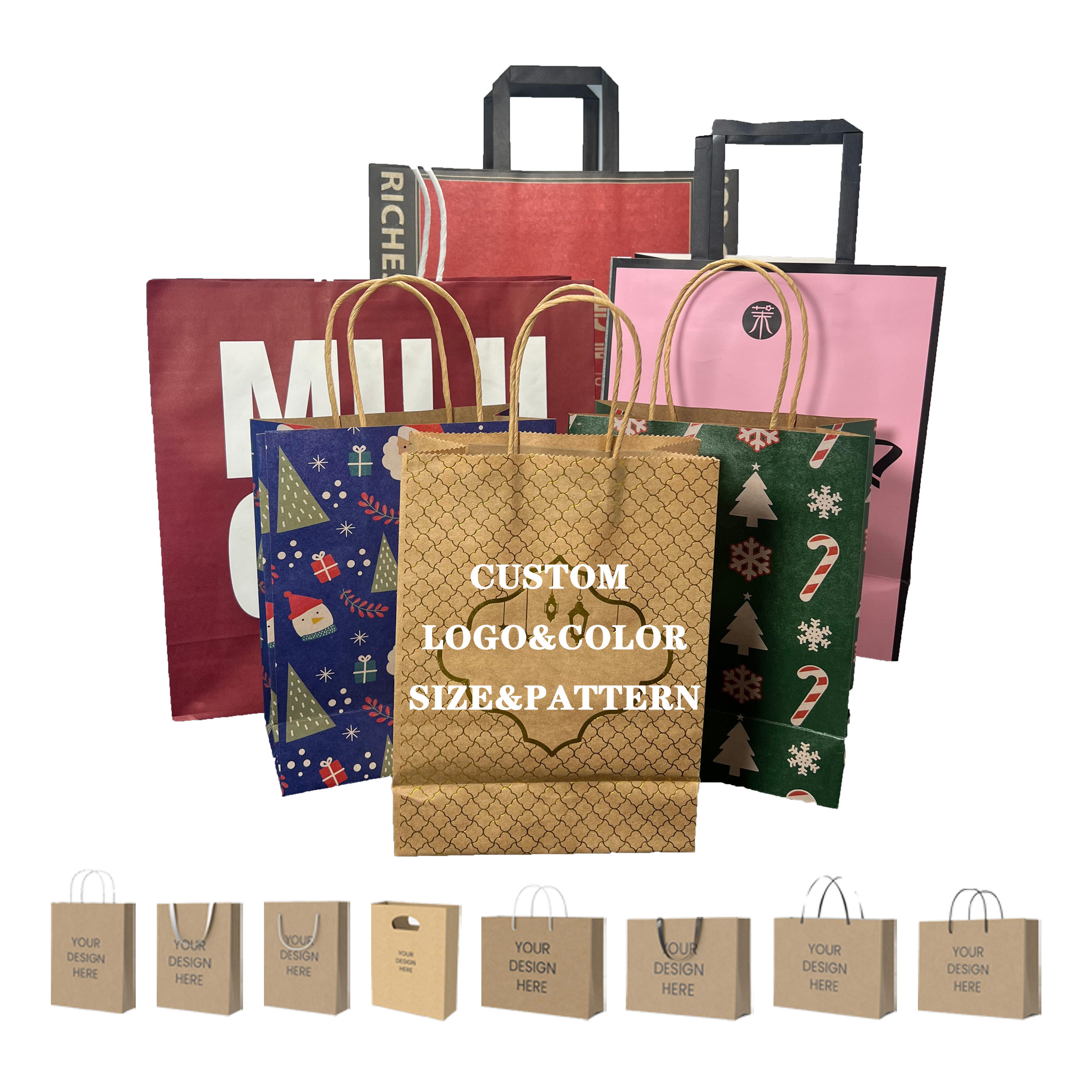 Custom Size Printed logo Paper Bags Kraft Paper Bags for Shopping and Grocery Stores Brown Customizable logo Shopping Bags
