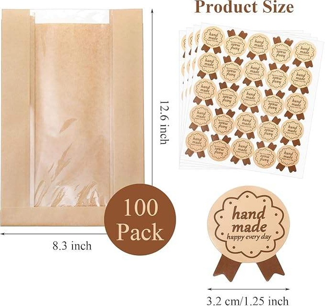 100 Packages Paper Bread Bag with Window with Stickers for Sandwich Candy Cookies Doughnuts Custom Bread Bags