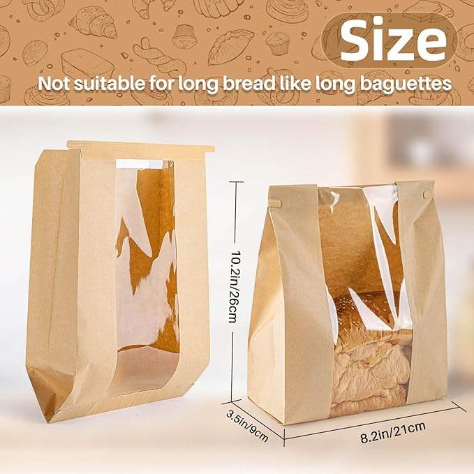 Bread Bag Reusable Lanyard - Dark Brown Paper Toaster Bag with Window Disposable Baked Custom Bread Bag