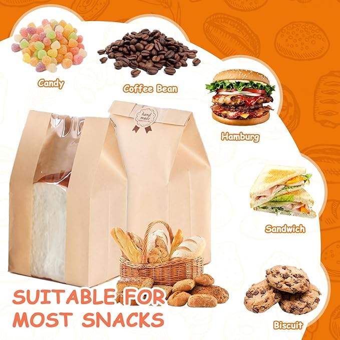 Window Paper Bags Homemade Bread Bags Kraft Paper Baked Goods Packaging Storage Custom Bread Bags