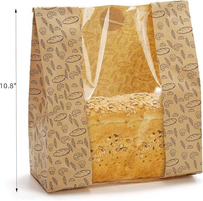 Craft Paper Bread Bags Clear Window 100 Stickers for Brown Toast Cookie Packaging Sourdough Bread Friendly Custom Bread Bags