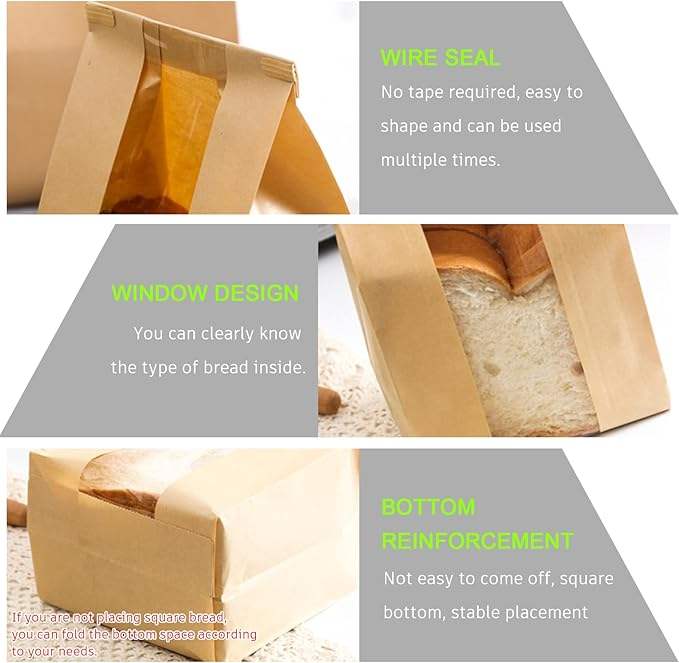 30 Brown Paper Bread Bag with Window with Tin TAB Lock Coffee Storage Bag Custom Bread Bags