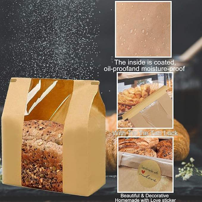 Window Dough Cowhide Bread Bags Tin Tag Lock for Baked Goods Packaging Storage Custom Bread Bags